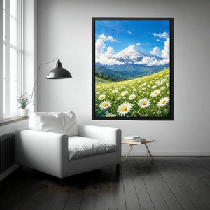 Mount Fuji landscape wall art with blooming daisy meadow blue sky and snow mountain in serene Japandi painting style