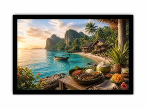 Tropical beach paradise wall art with turquoise ocean, island huts, palm trees, boat and sunset coastal dining canvas print