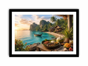 Tropical beach paradise wall art with turquoise ocean, island huts, palm trees, boat and sunset coastal dining canvas print