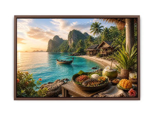 Tropical beach paradise wall art with turquoise ocean, island huts, palm trees, boat and sunset coastal dining canvas print