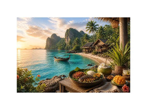 Tropical beach paradise wall art with turquoise ocean, island huts, palm trees, boat and sunset coastal dining canvas print