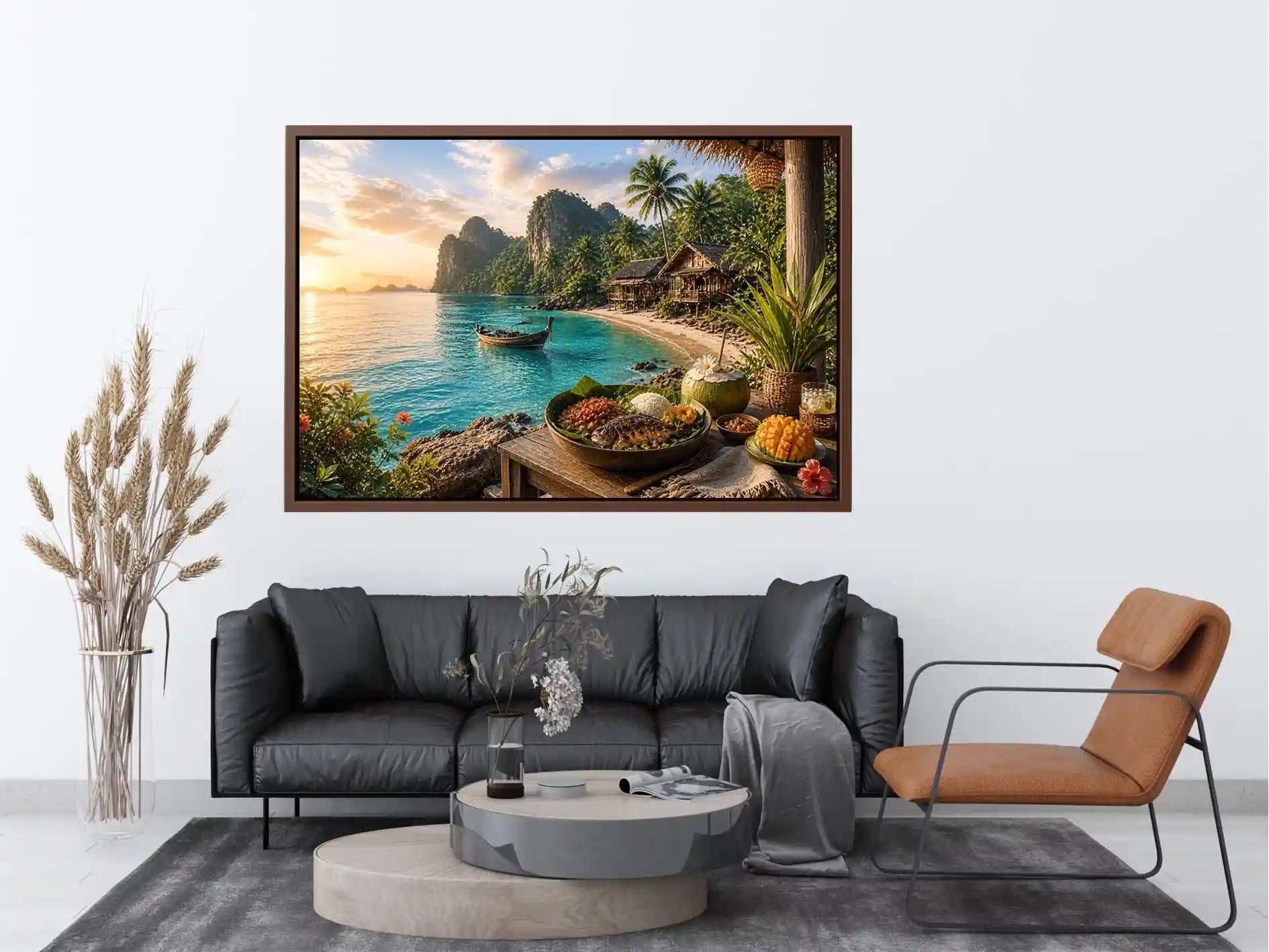 Tropical beach paradise wall art with turquoise ocean, island huts, palm trees, boat and sunset coastal dining canvas print