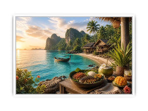 Tropical beach paradise wall art with turquoise ocean, island huts, palm trees, boat and sunset coastal dining canvas print