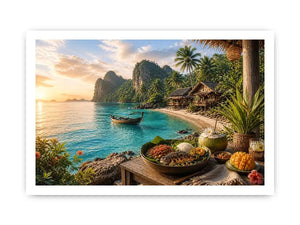 Tropical beach paradise wall art with turquoise ocean, island huts, palm trees, boat and sunset coastal dining canvas print