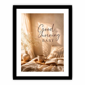 Good Morning Baby typography wall art with cozy bedroom aesthetic, warm sunlight, coffee mug and neutral romantic decor canvas print