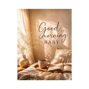 Good Morning Baby typography wall art with cozy bedroom aesthetic, warm sunlight, coffee mug and neutral romantic decor canvas print