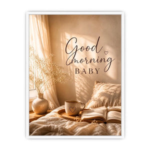 Good Morning Baby typography wall art with cozy bedroom aesthetic, warm sunlight, coffee mug and neutral romantic decor canvas print