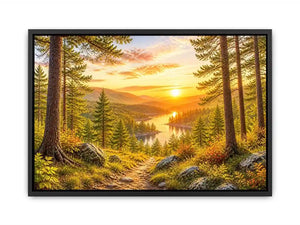 Golden forest landscape wall art with pine trees, river valley, mountain sunset and scenic nature canvas print