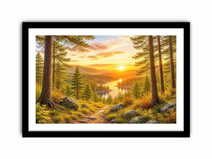 Golden forest landscape wall art with pine trees, river valley, mountain sunset and scenic nature canvas print