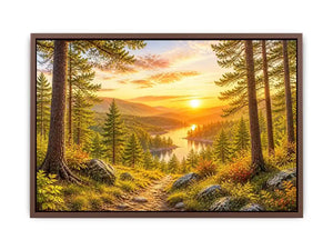 Golden forest landscape wall art with pine trees, river valley, mountain sunset and scenic nature canvas print