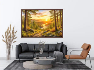 Golden forest landscape wall art with pine trees, river valley, mountain sunset and scenic nature canvas print