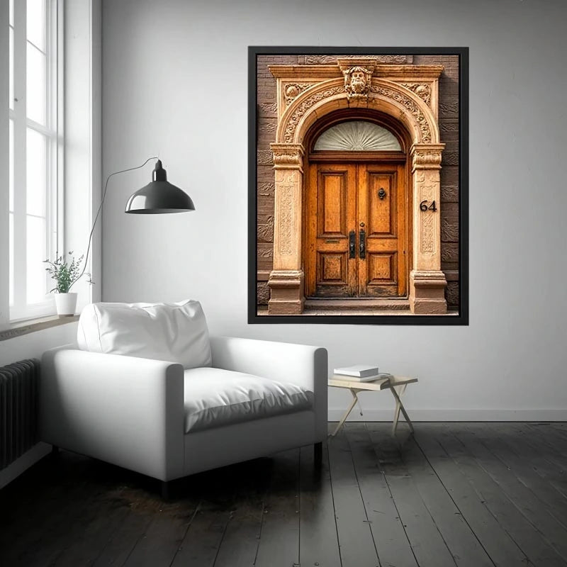 Vintage architectural doorway wall art with ornate carved arch, wooden doors and classic European building entrance canvas print