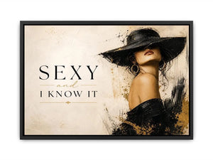 Sexy and I Know It fashion wall art with glamorous woman in black hat and luxury gold accents modern canvas print