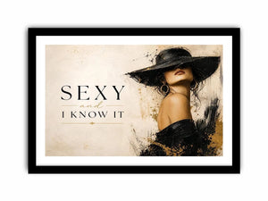 Sexy and I Know It fashion wall art with glamorous woman in black hat and luxury gold accents modern canvas print