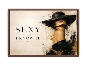 Sexy and I Know It fashion wall art with glamorous woman in black hat and luxury gold accents modern canvas print