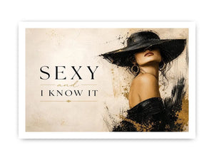 Sexy and I Know It fashion wall art with glamorous woman in black hat and luxury gold accents modern canvas print