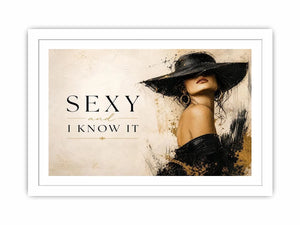 Sexy and I Know It fashion wall art with glamorous woman in black hat and luxury gold accents modern canvas print