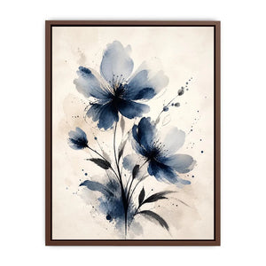 Indigo blue watercolor floral wall art with abstract botanical flowers on neutral background canvas print