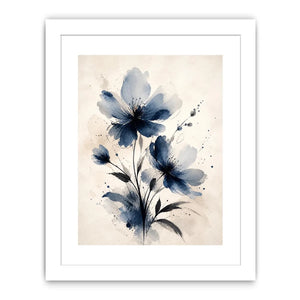 Indigo blue watercolor floral wall art with abstract botanical flowers on neutral background canvas print
