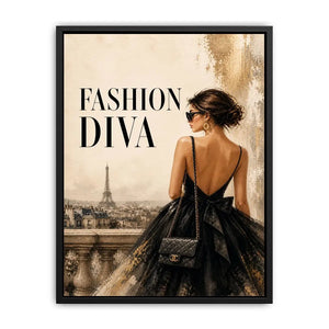 Paris fashion diva wall art featuring elegant woman in black dress with Eiffel Tower luxury canvas print