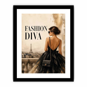 Paris fashion diva wall art featuring elegant woman in black dress with Eiffel Tower luxury canvas print