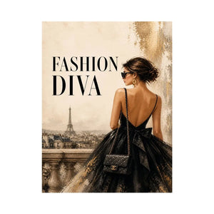 Paris fashion diva wall art featuring elegant woman in black dress with Eiffel Tower luxury canvas print