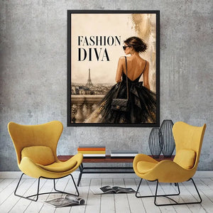Paris fashion diva wall art featuring elegant woman in black dress with Eiffel Tower luxury canvas print