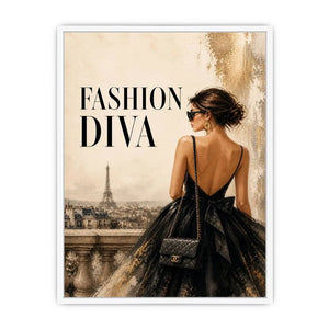 Paris fashion diva wall art featuring elegant woman in black dress with Eiffel Tower luxury canvas print