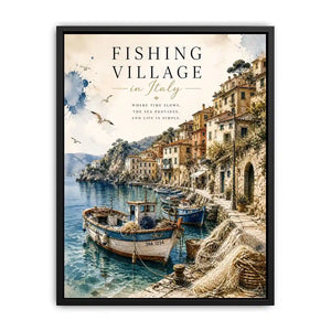Italian fishing village wall art with coastal boats and Mediterranean seaside watercolor canvas print