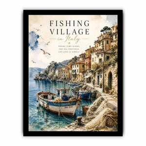 Italian fishing village wall art with coastal boats and Mediterranean seaside watercolor canvas print