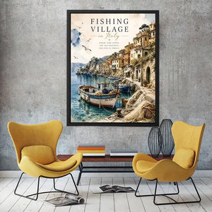 Italian fishing village wall art with coastal boats and Mediterranean seaside watercolor canvas print