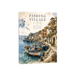 Italian fishing village wall art with coastal boats and Mediterranean seaside watercolor canvas print