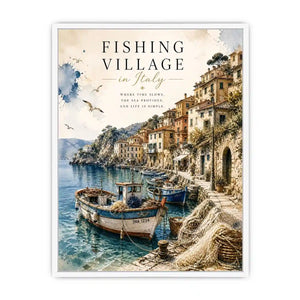 Italian fishing village wall art with coastal boats and Mediterranean seaside watercolor canvas print