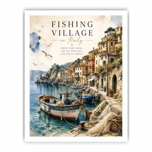 Italian fishing village wall art with coastal boats and Mediterranean seaside watercolor canvas print