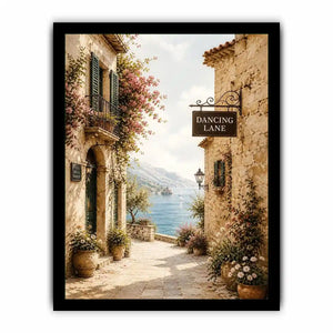 Mediterranean coastal village wall art with floral stone alley and ocean view canvas print