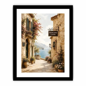 Mediterranean coastal village wall art with floral stone alley and ocean view canvas print