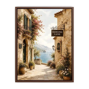 Mediterranean coastal village wall art with floral stone alley and ocean view canvas print