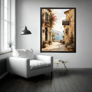 Mediterranean coastal village wall art with floral stone alley and ocean view canvas print