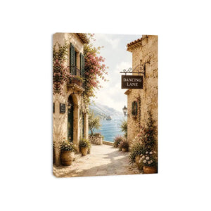 Mediterranean coastal village wall art with floral stone alley and ocean view canvas print