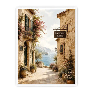 Mediterranean coastal village wall art with floral stone alley and ocean view canvas print