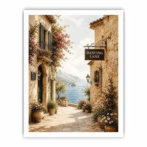 Mediterranean coastal village wall art with floral stone alley and ocean view canvas print