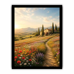 Tuscan wildflower meadow wall art with rustic farmhouse, colorful flowers, mountain landscape, and golden sunrise countryside canvas print