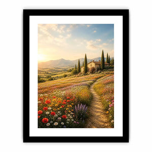 Tuscan wildflower meadow wall art with rustic farmhouse, colorful flowers, mountain landscape, and golden sunrise countryside canvas print