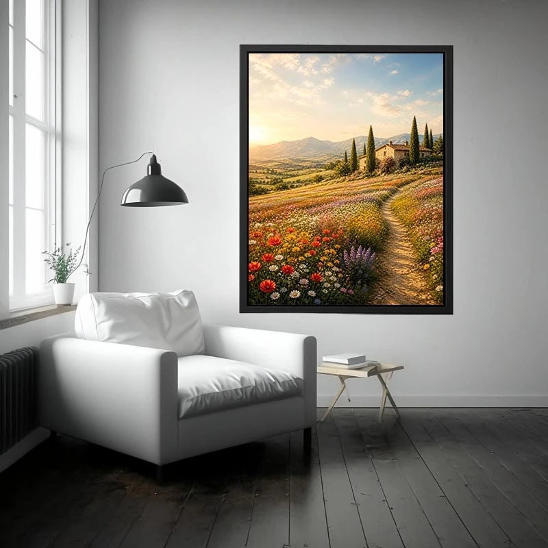 Tuscan wildflower meadow wall art with rustic farmhouse, colorful flowers, mountain landscape, and golden sunrise countryside canvas print