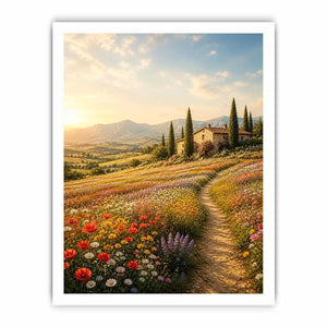 Tuscan wildflower meadow wall art with rustic farmhouse, colorful flowers, mountain landscape, and golden sunrise countryside canvas print