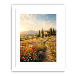 Tuscan wildflower meadow wall art with rustic farmhouse, colorful flowers, mountain landscape, and golden sunrise countryside canvas print