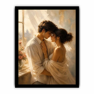 Romantic couple wall art with golden sunlight, intimate embrace canvas print, luxury neutral bedroom wall decor, impressionist love painting