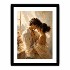 Romantic couple wall art with golden sunlight, intimate embrace canvas print, luxury neutral bedroom wall decor, impressionist love painting