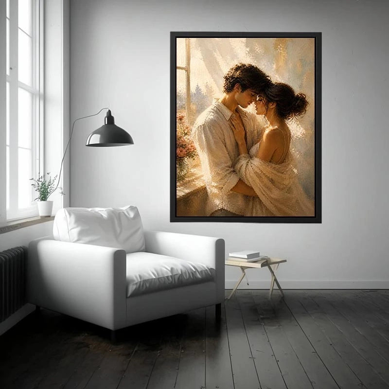 Romantic couple wall art with golden sunlight, intimate embrace canvas print, luxury neutral bedroom wall decor, impressionist love painting