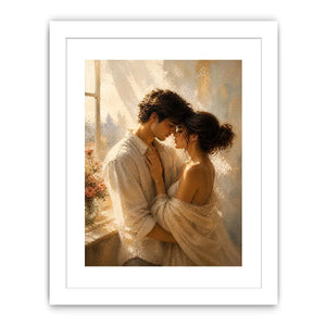 Romantic couple wall art with golden sunlight, intimate embrace canvas print, luxury neutral bedroom wall decor, impressionist love painting